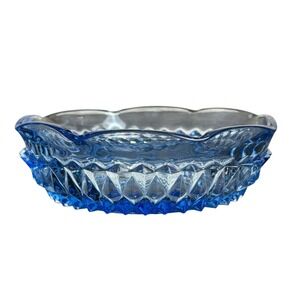 Vintage‎ Blue Diamond Cut Glass Candy Nut Trinket Dish Bowl Scalloped Edge